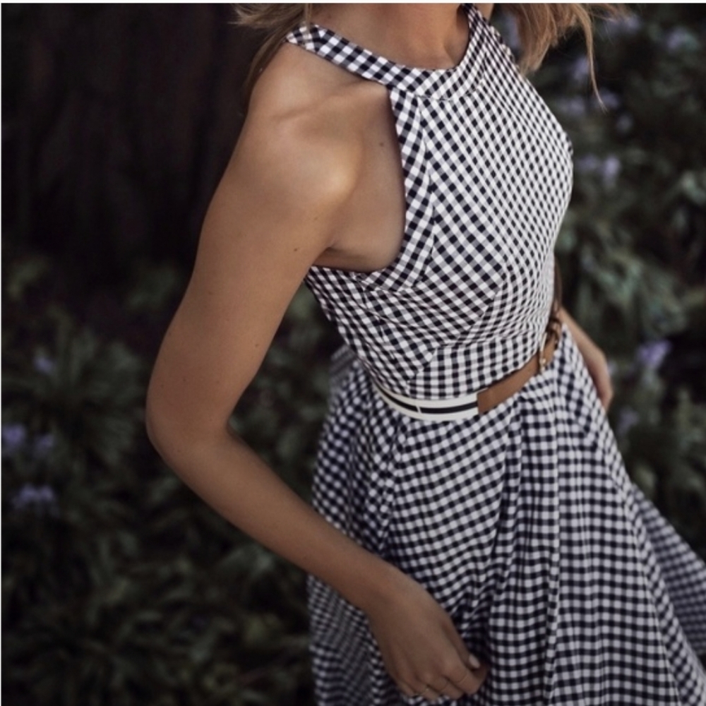 ELIZA J. Navy Blue Combo Halter Belted Knee Length Dress New